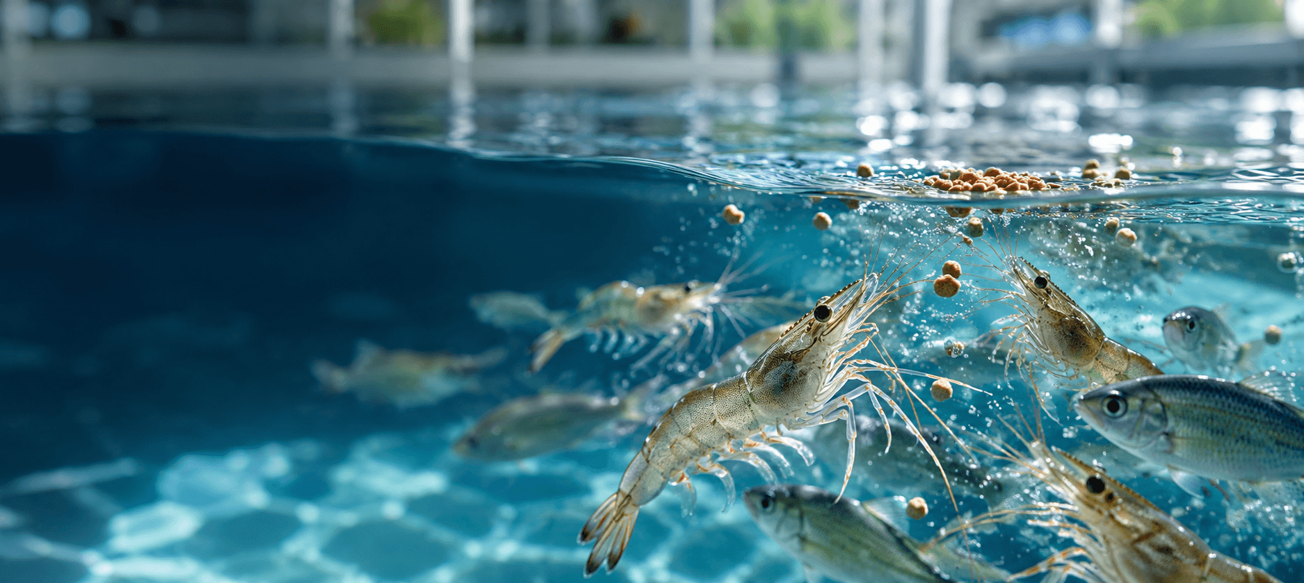 Shrimp, fish and aquaculture feed beneath clear water